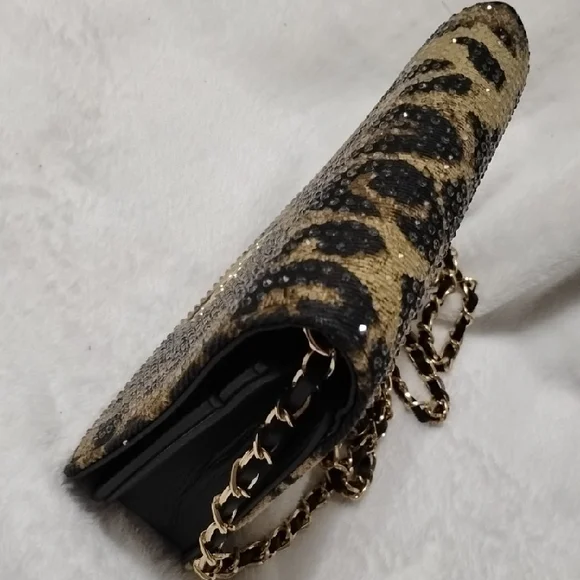 BEBE Beaded Texture Leopard Print Chain Bag - Picture 7 of 10